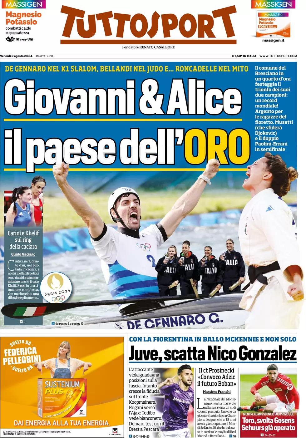 anteprima della prima pagina di tuttosport del 02/08/2024