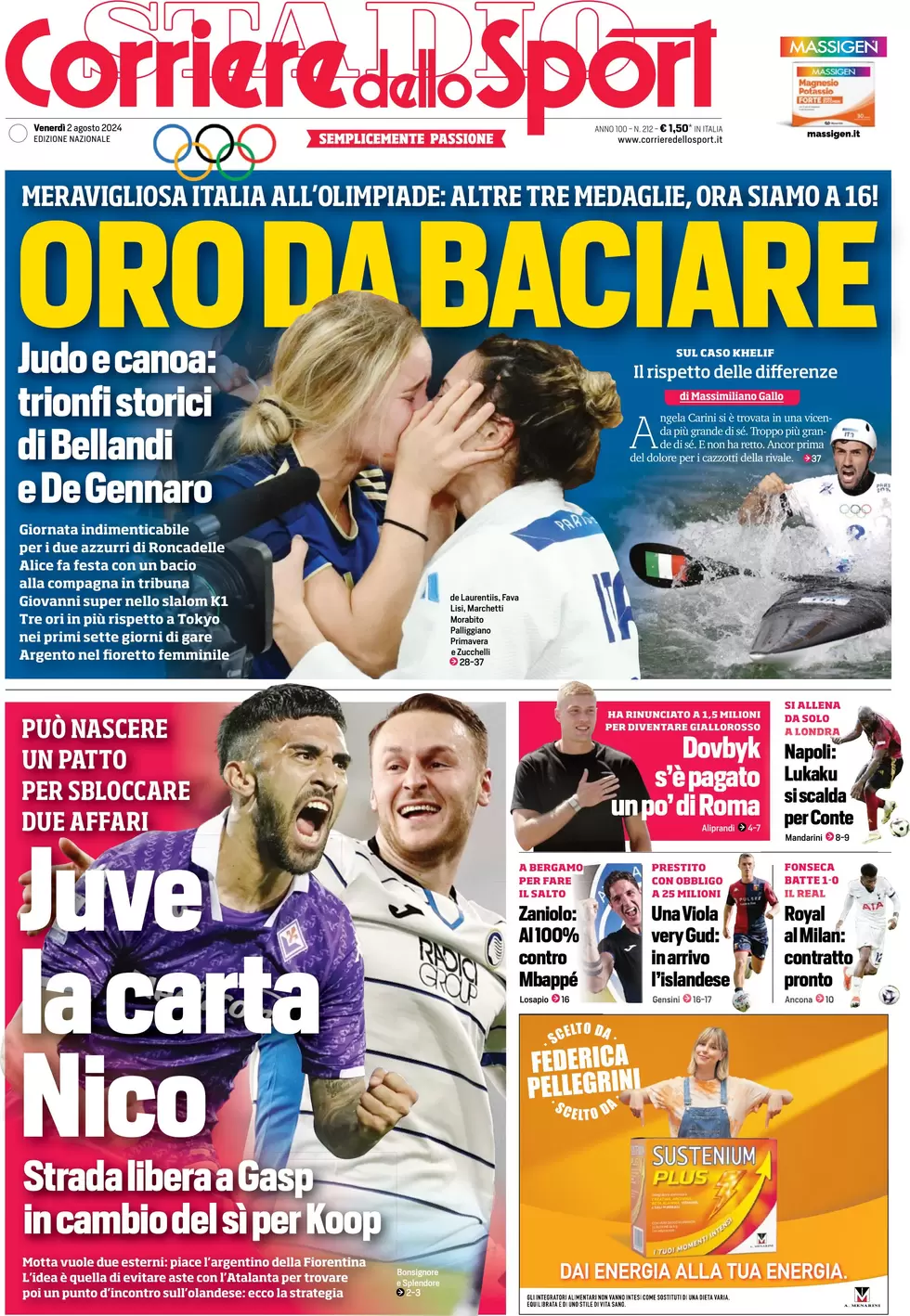 anteprima della prima pagina di corriere-dello-sport del 02/08/2024