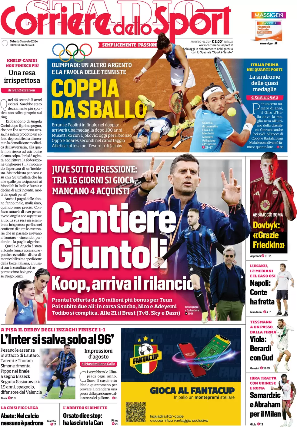 anteprima della prima pagina di corriere-dello-sport del 03/08/2024