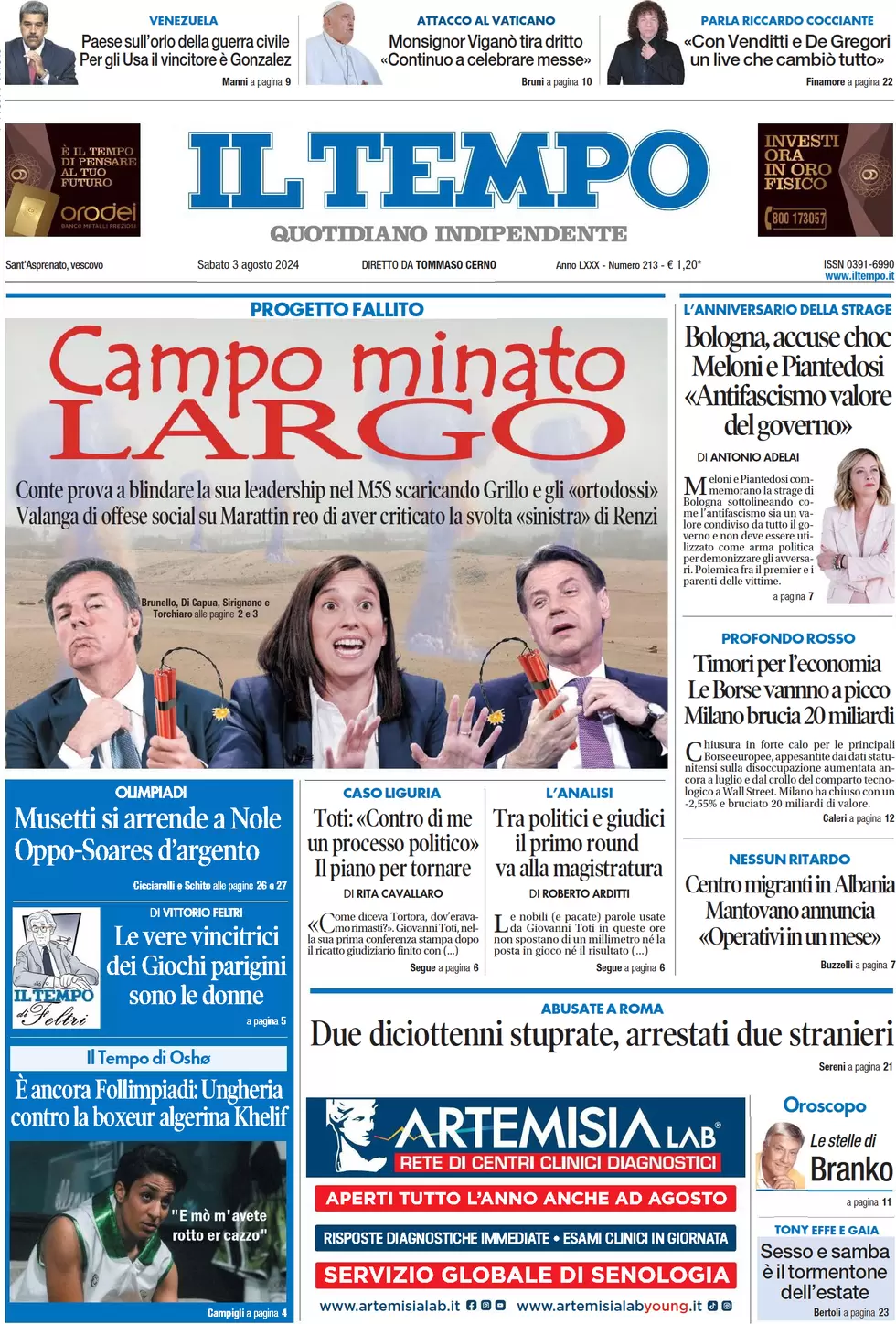 anteprima della prima pagina di il-tempo del 03/08/2024