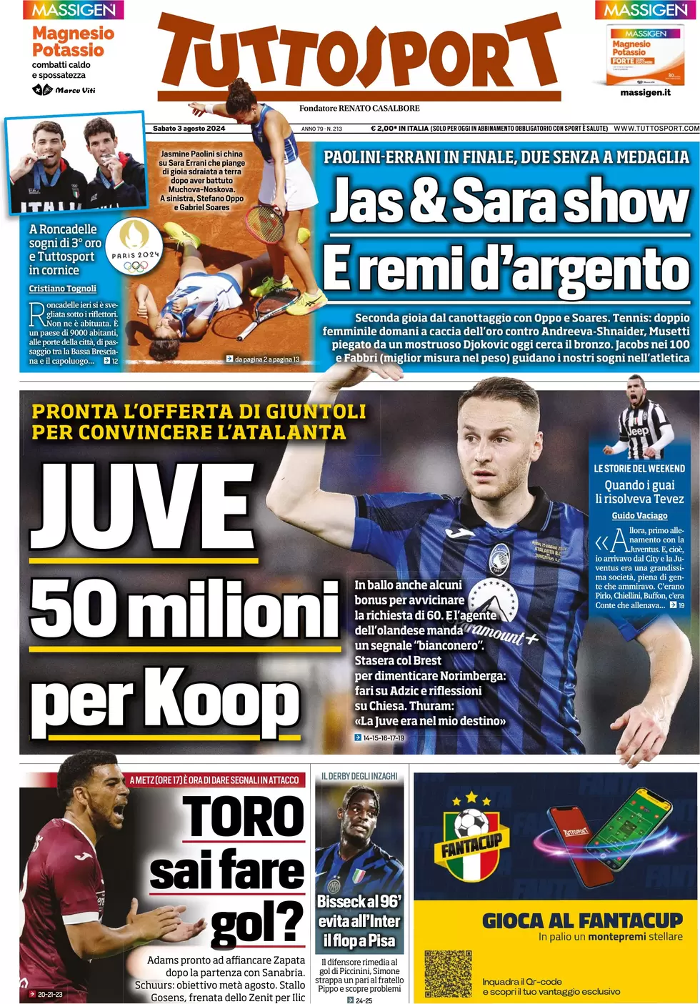 anteprima della prima pagina di tuttosport del 03/08/2024