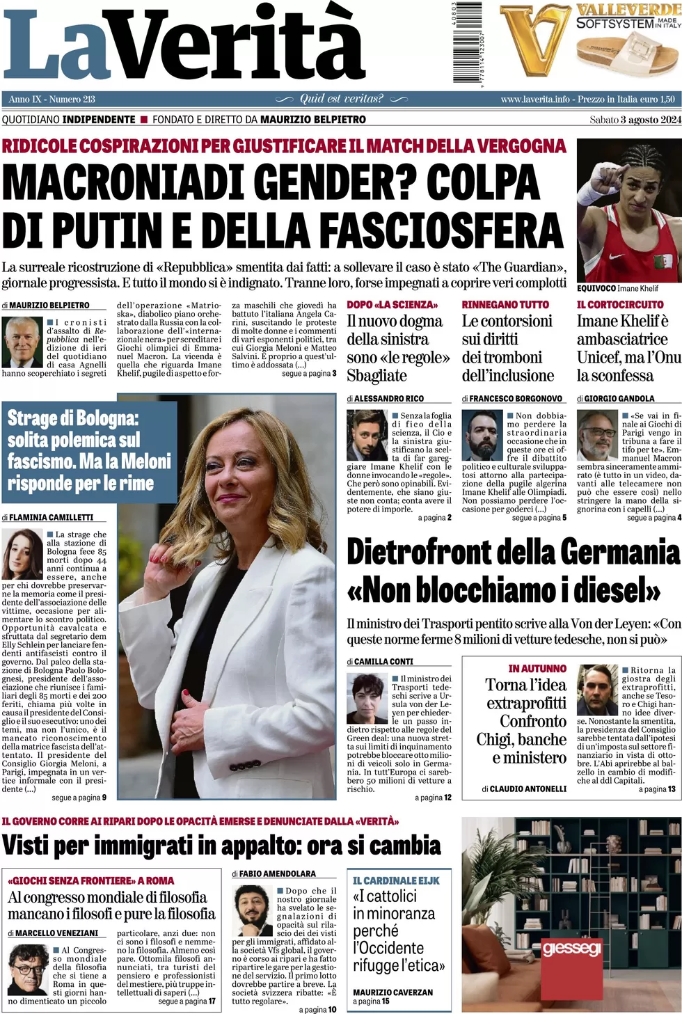 anteprima della prima pagina di la-verit del 03/08/2024