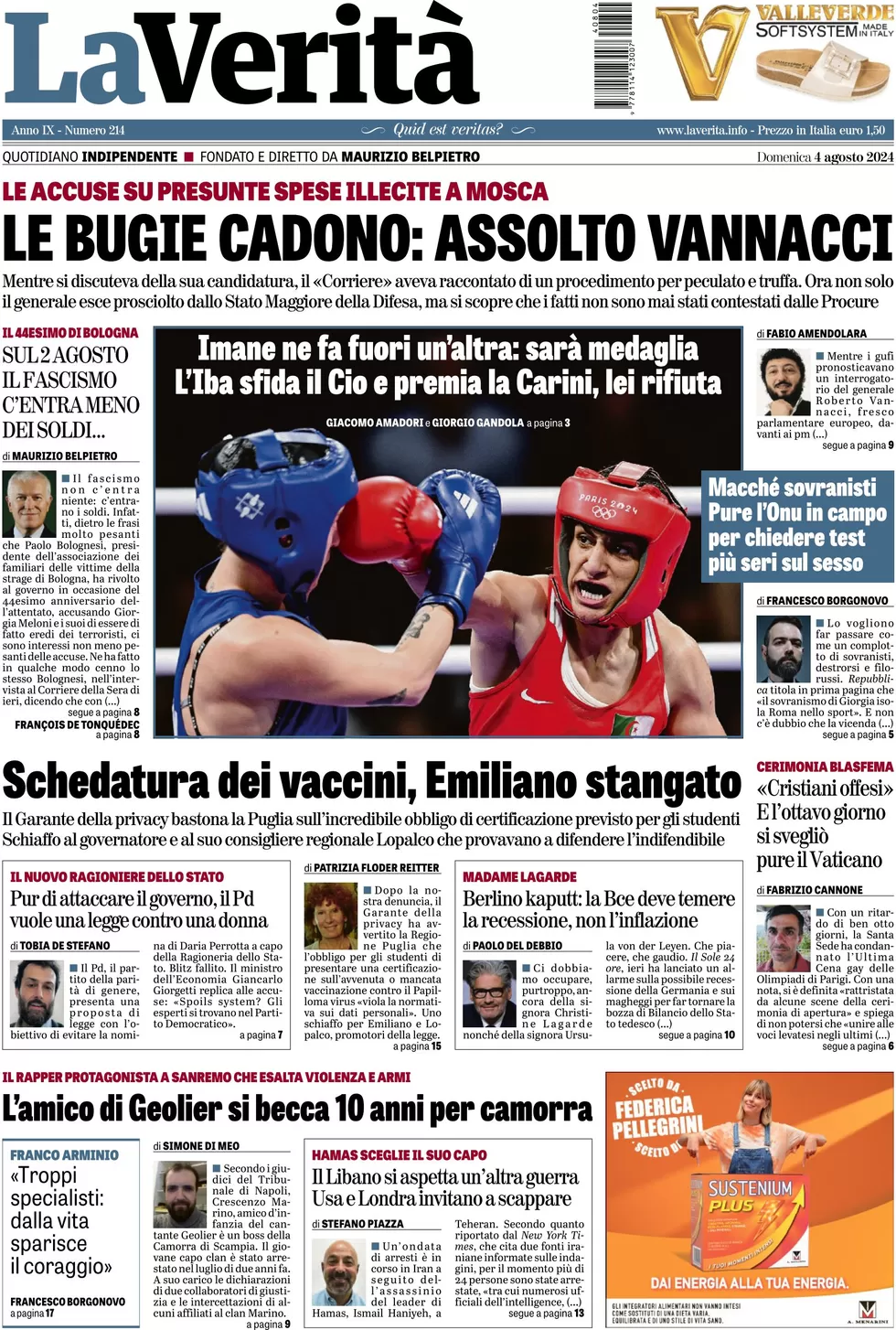 anteprima della prima pagina di la-verit del 04/08/2024