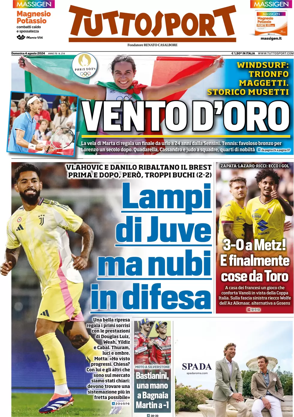 anteprima della prima pagina di tuttosport del 04/08/2024