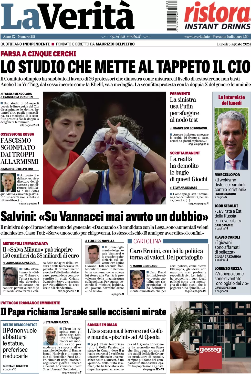 anteprima della prima pagina di la-verit del 05/08/2024