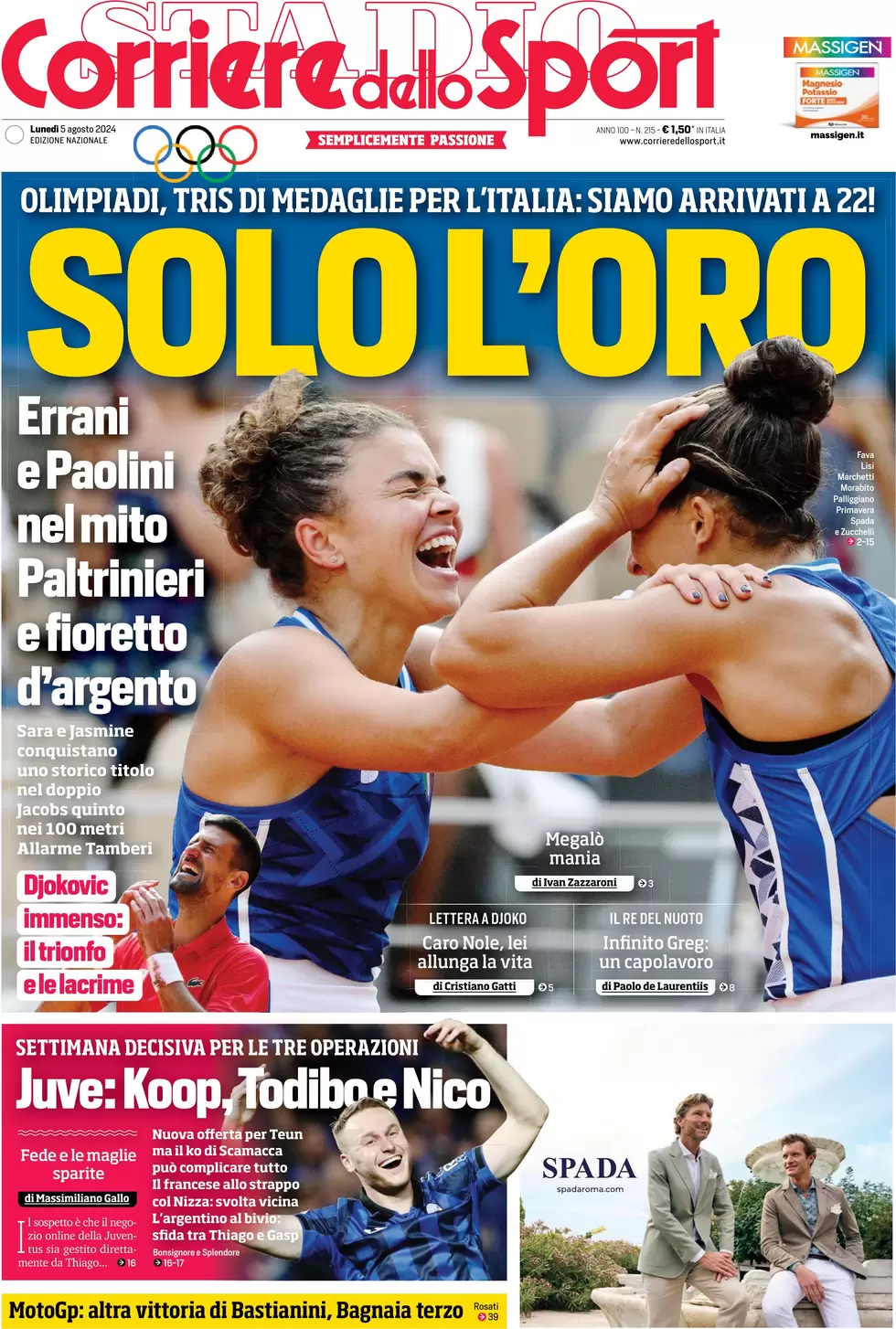 anteprima della prima pagina di corriere-dello-sport del 05/08/2024