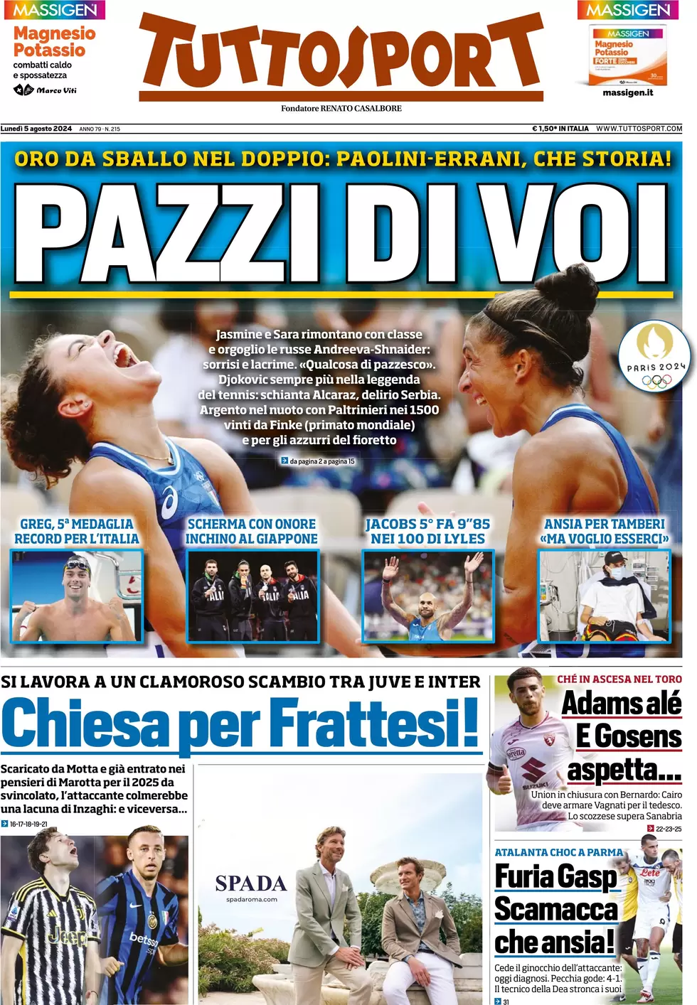 anteprima della prima pagina di tuttosport del 05/08/2024