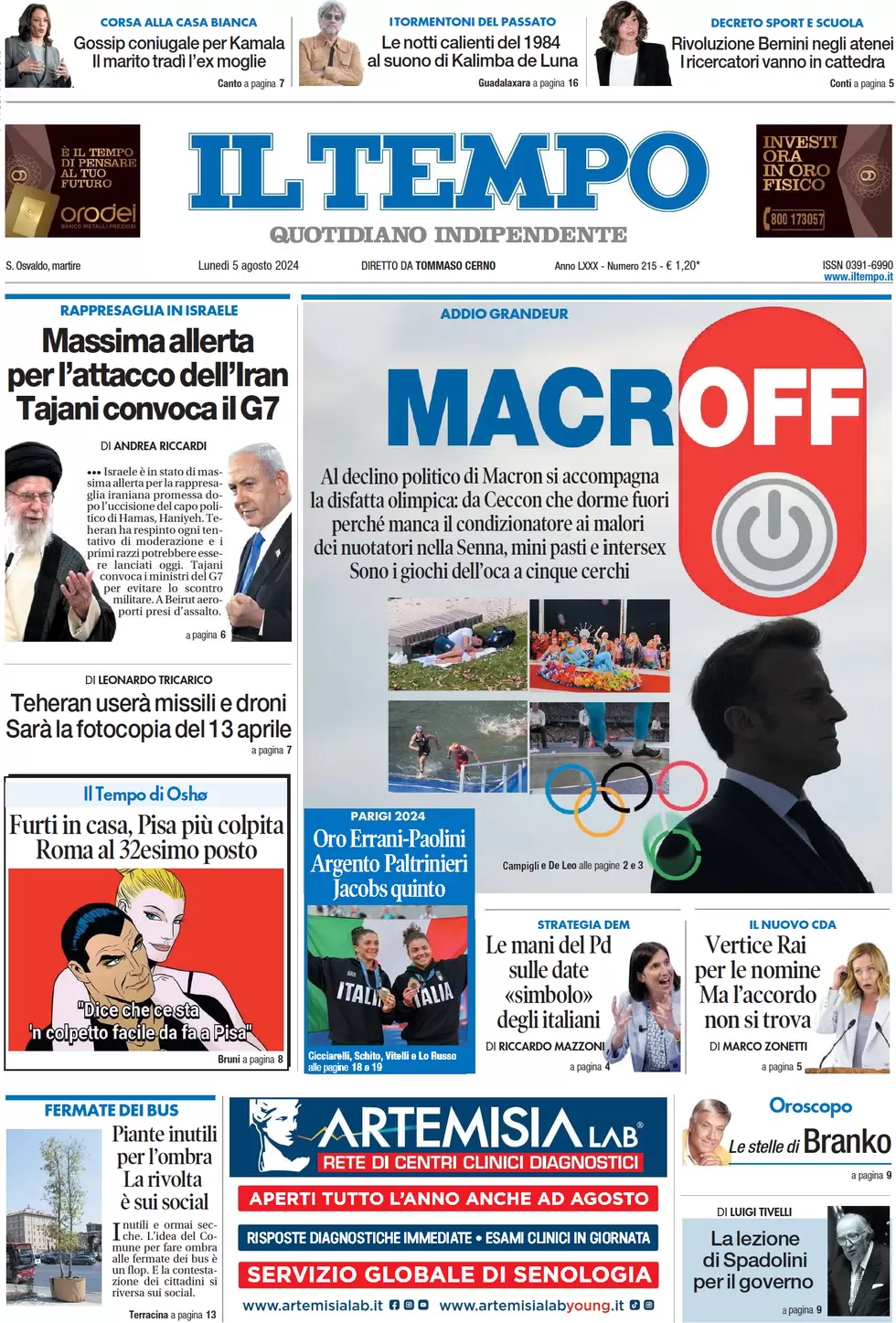 anteprima della prima pagina di il-tempo del 05/08/2024