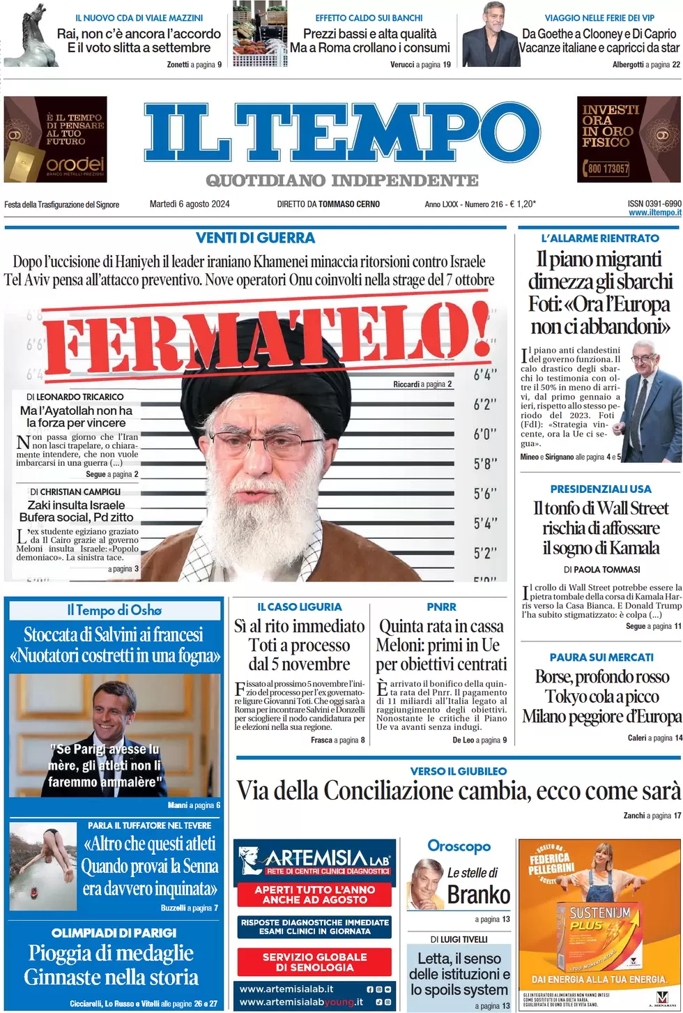 anteprima della prima pagina di il-tempo del 06/08/2024