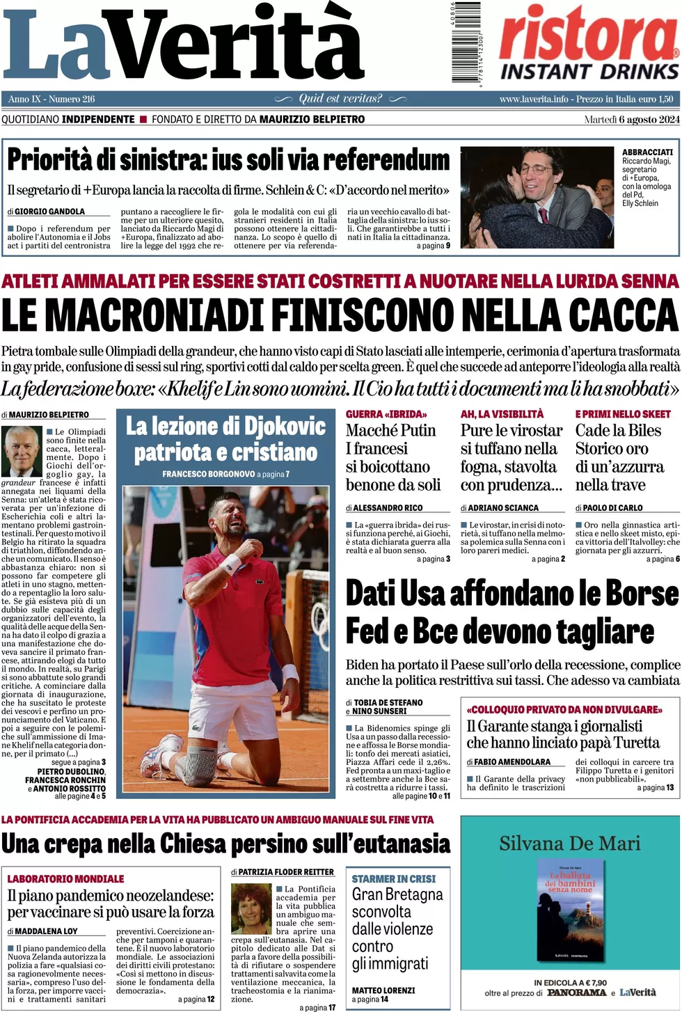 anteprima della prima pagina di la-verit del 06/08/2024