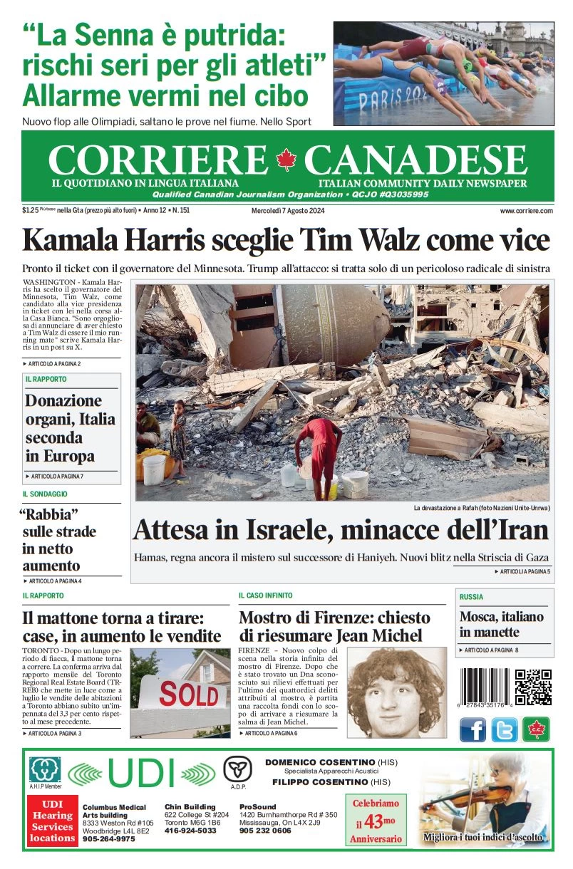anteprima della prima pagina di corriere-canadese del 07/08/2024