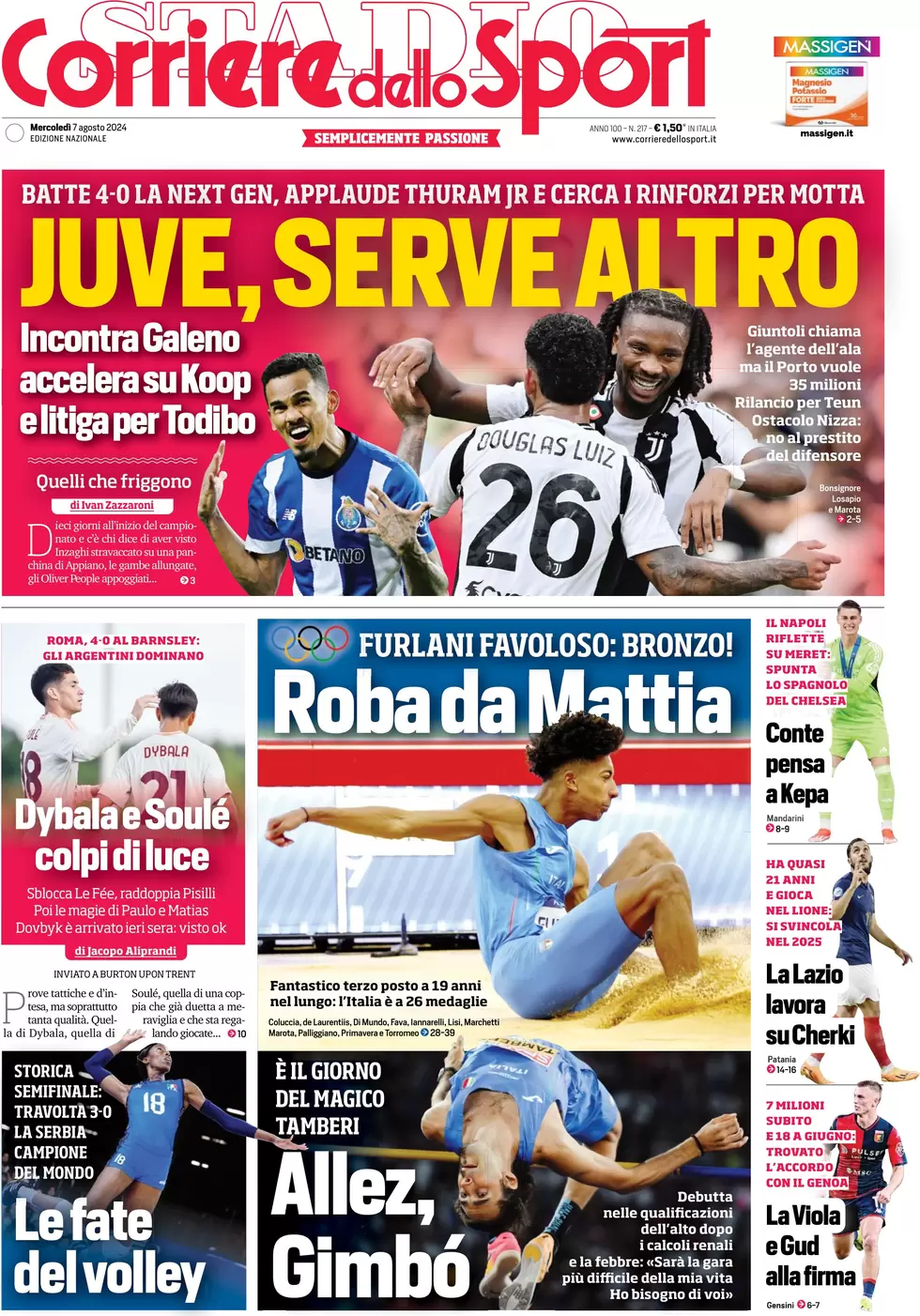 anteprima della prima pagina di corriere-dello-sport del 07/08/2024