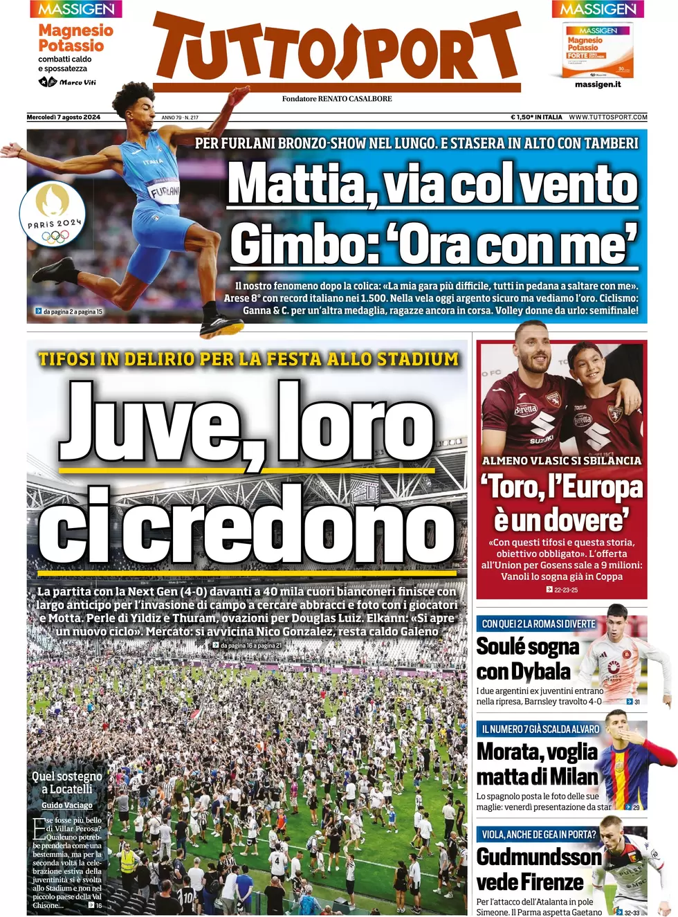 anteprima della prima pagina di tuttosport del 07/08/2024