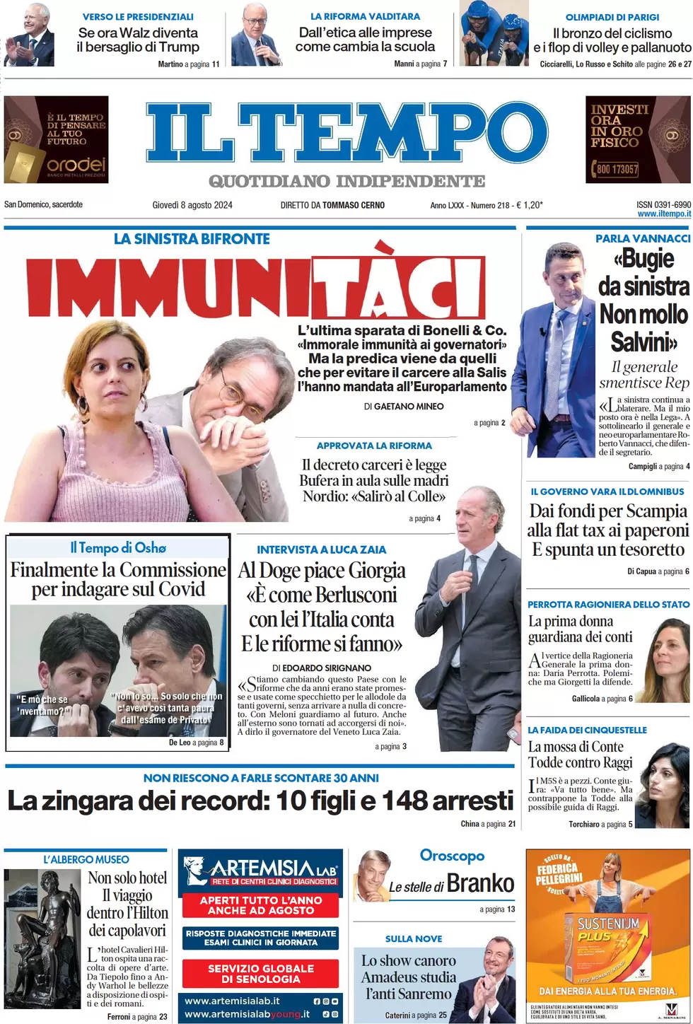 anteprima della prima pagina di il-tempo del 08/08/2024