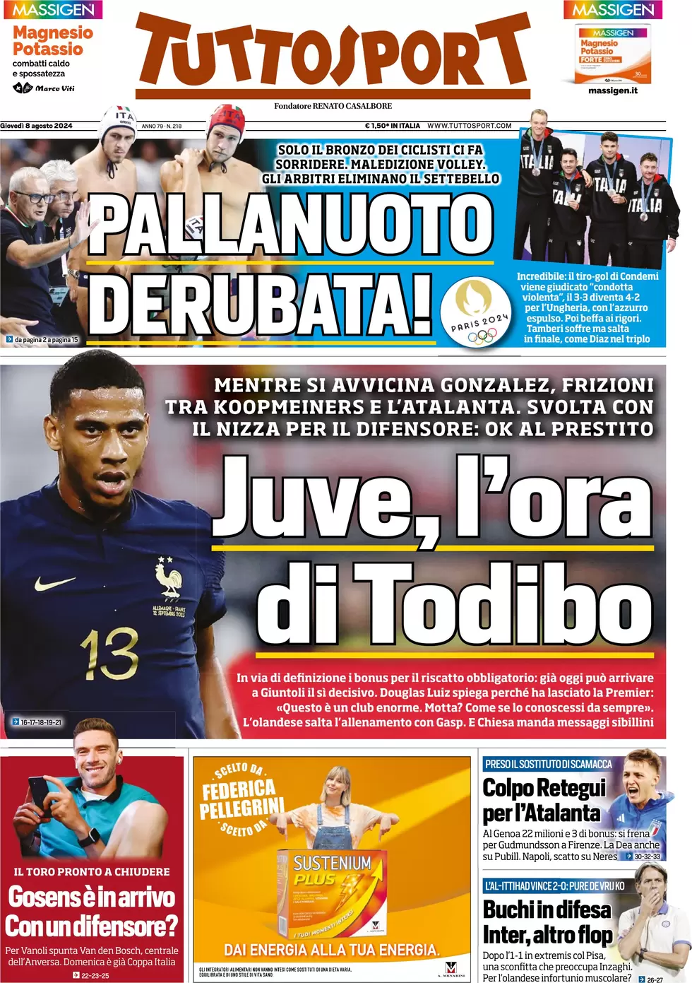 anteprima della prima pagina di tuttosport del 08/08/2024