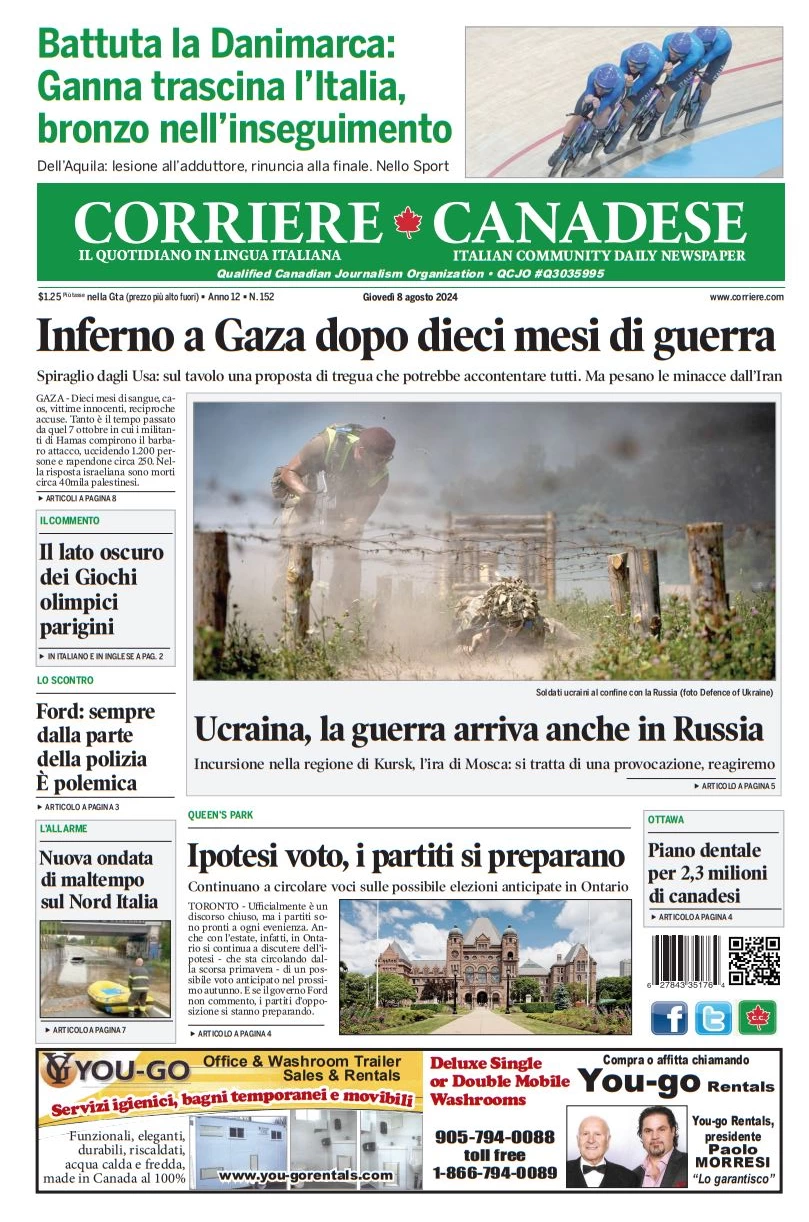 anteprima della prima pagina di corriere-canadese del 08/08/2024