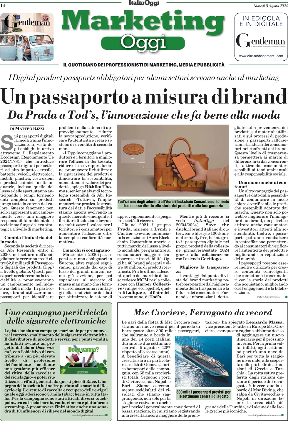 anteprima della prima pagina di marketing-oggi del 08/08/2024
