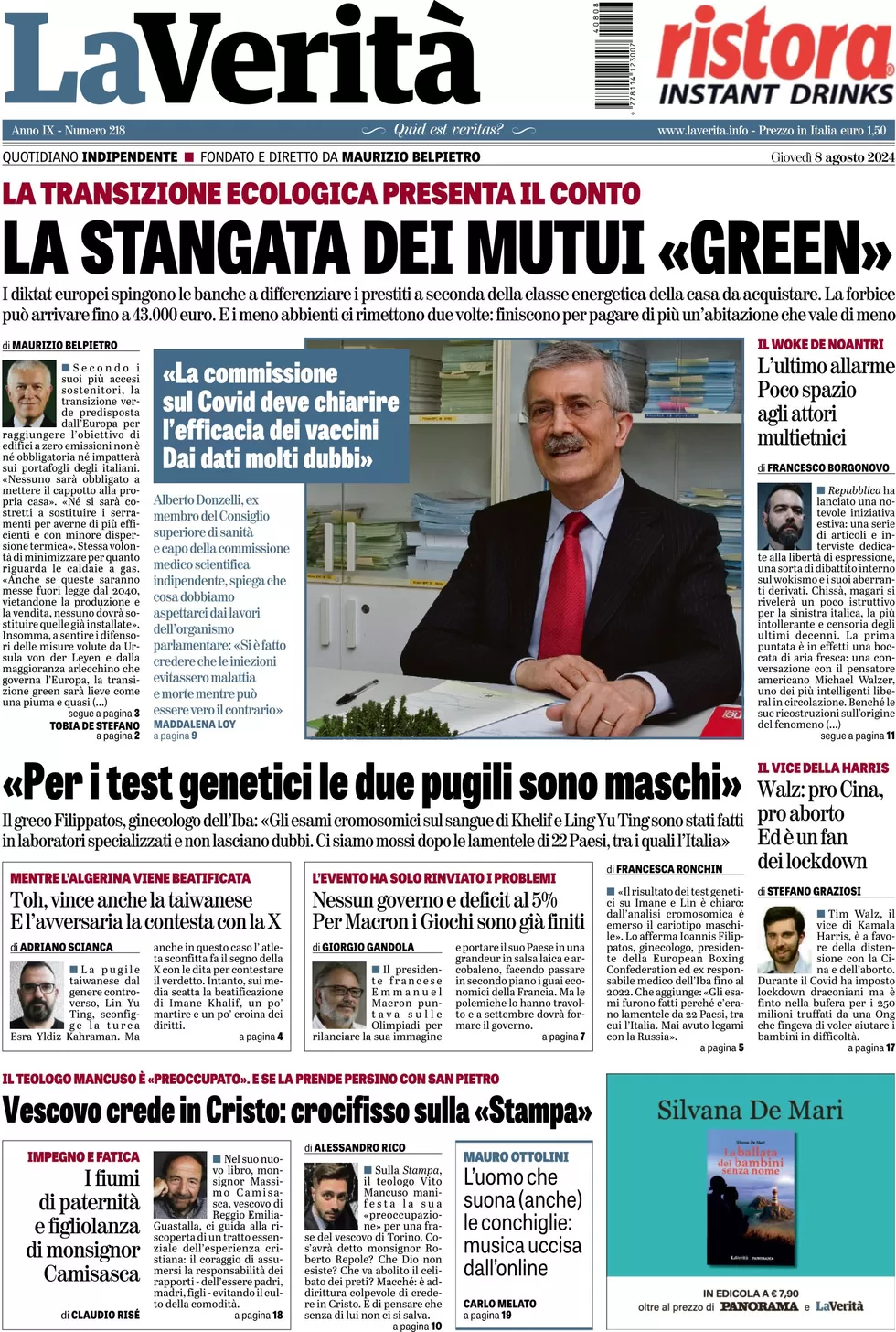 anteprima della prima pagina di la-verit del 08/08/2024