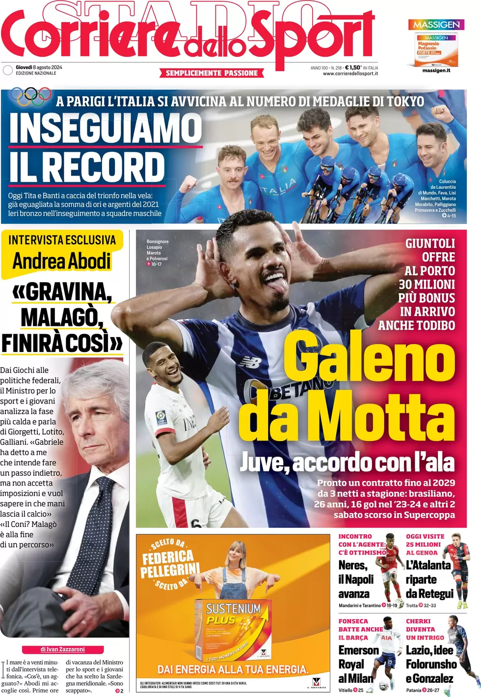 anteprima della prima pagina di corriere-dello-sport del 08/08/2024