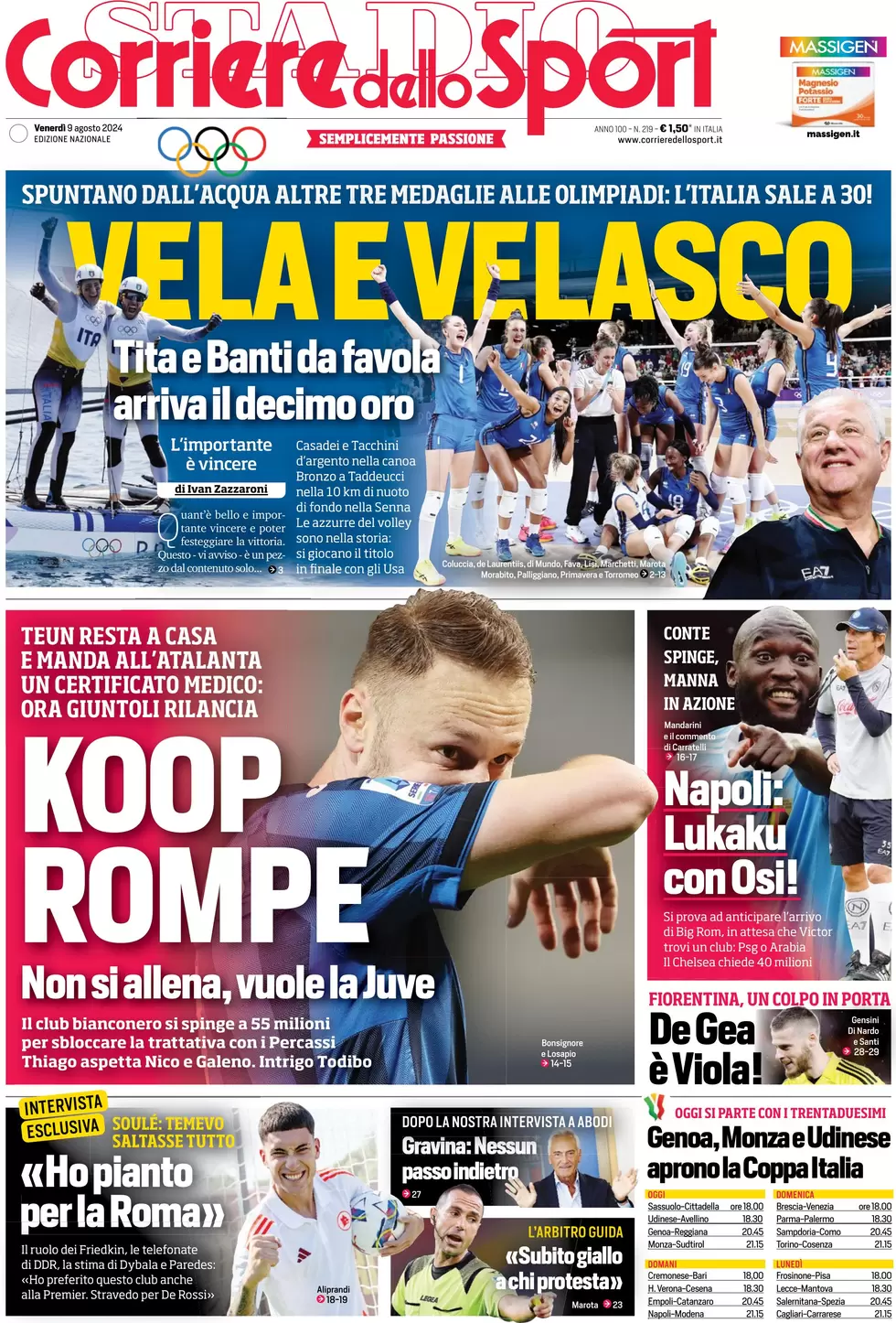 anteprima della prima pagina di corriere-dello-sport del 09/08/2024
