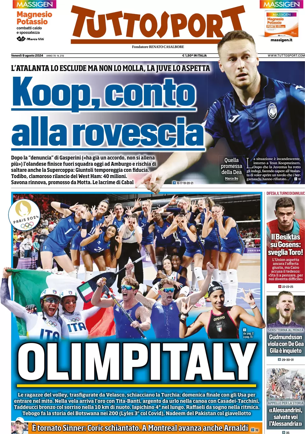 anteprima della prima pagina di tuttosport del 09/08/2024