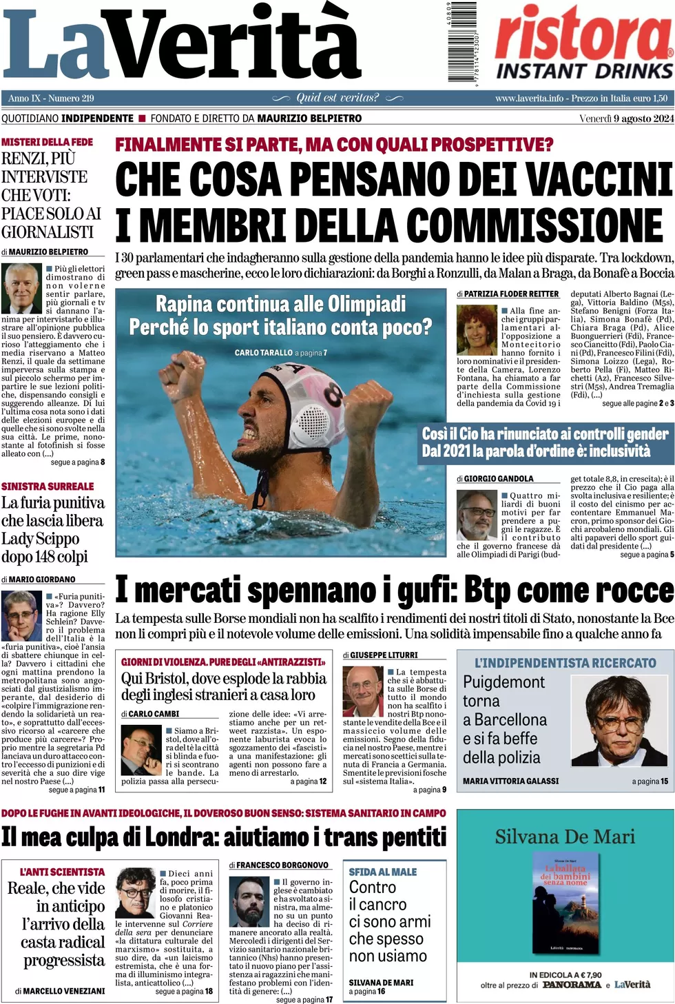 anteprima della prima pagina di la-verit del 09/08/2024