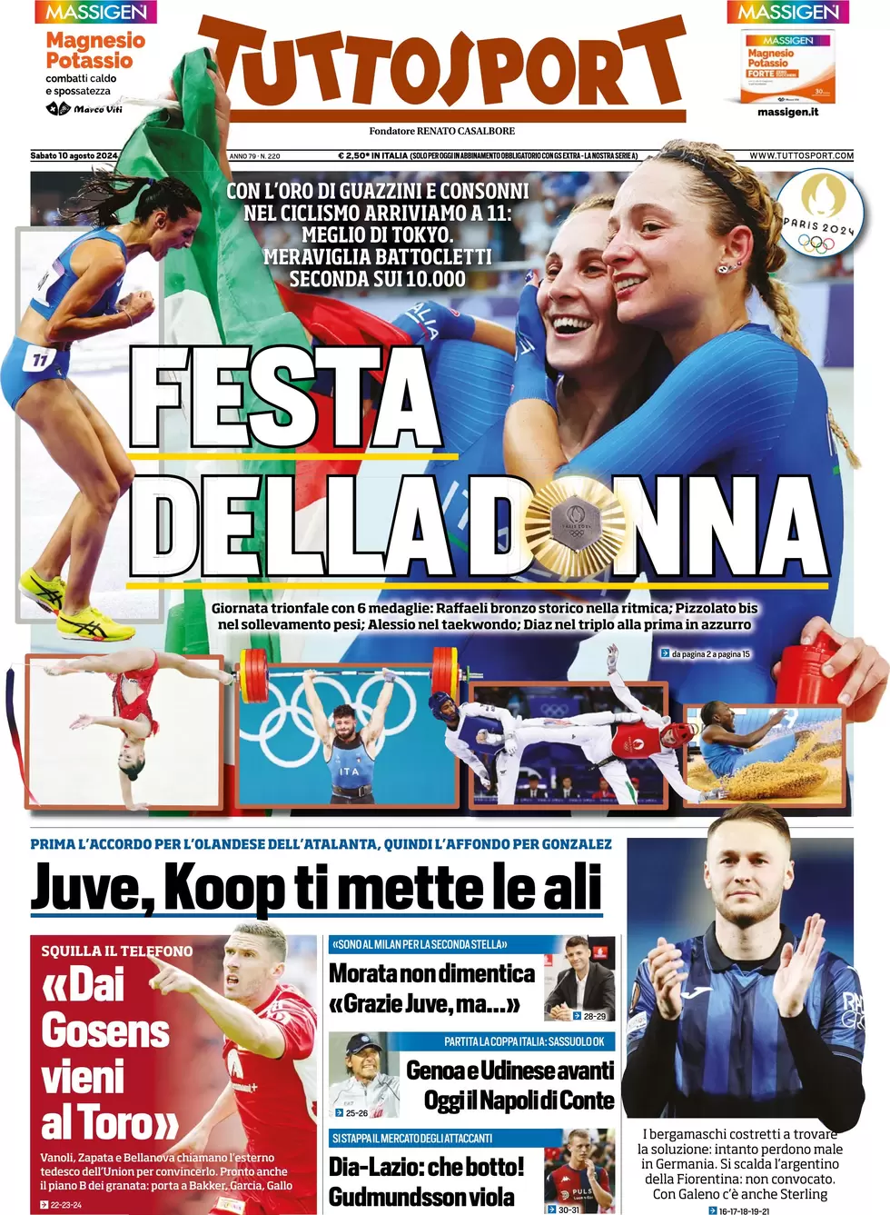 anteprima della prima pagina di tuttosport del 10/08/2024