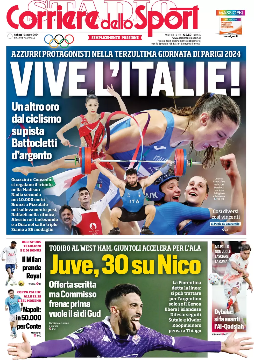 anteprima della prima pagina di corriere-dello-sport del 10/08/2024
