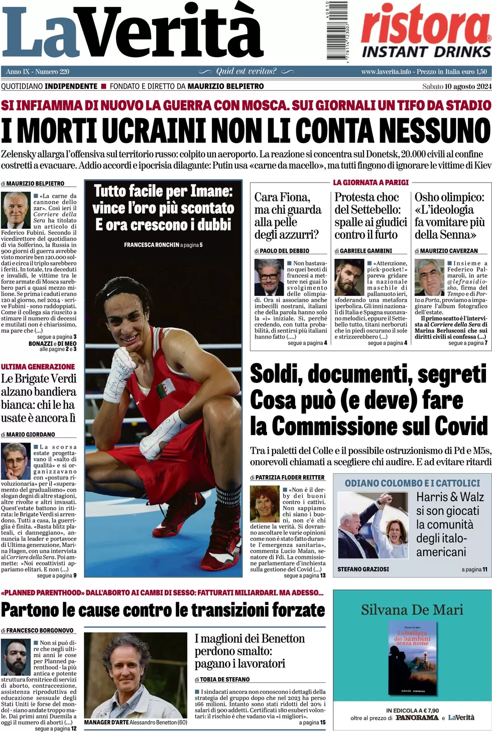 anteprima della prima pagina di la-verit del 10/08/2024