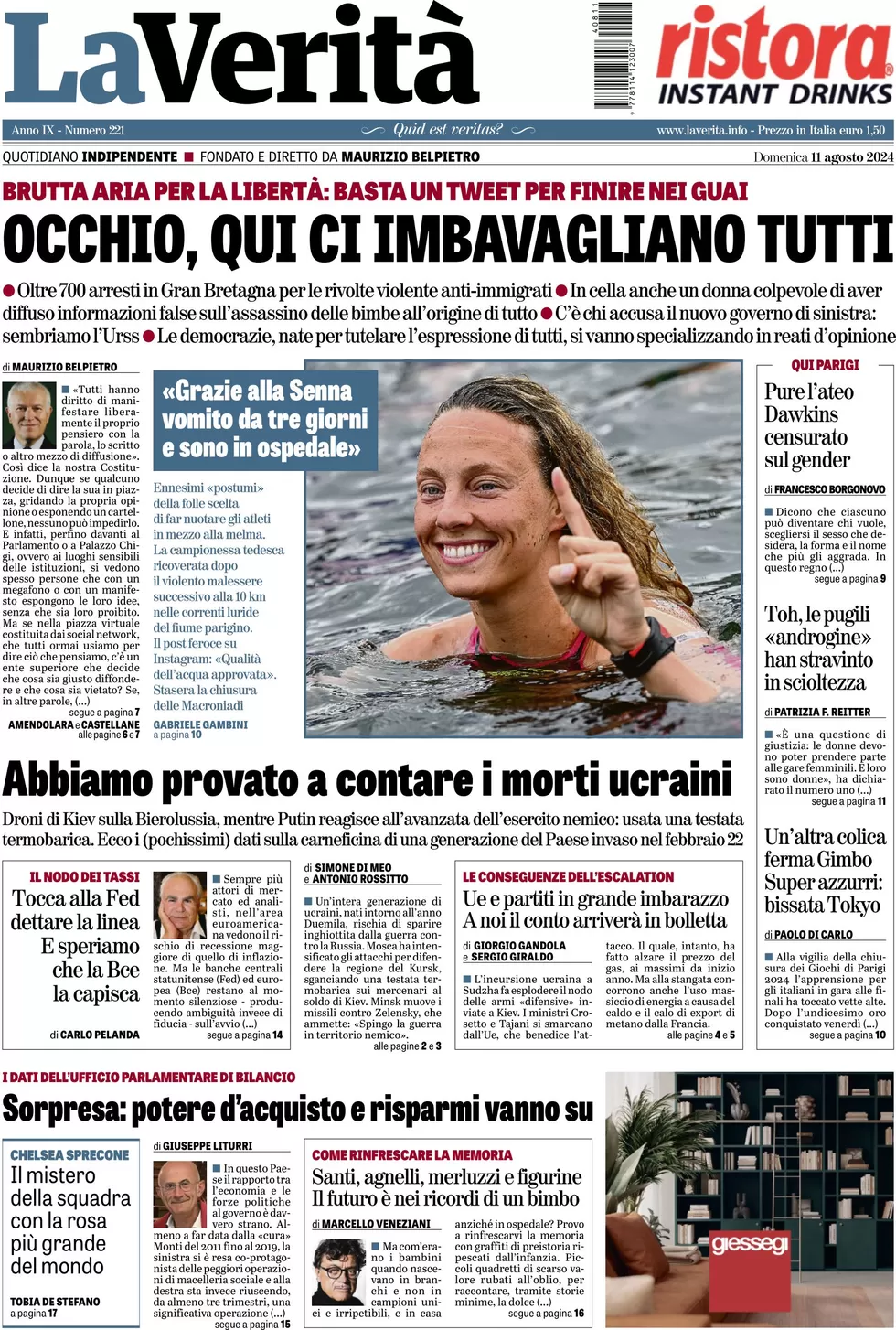 anteprima della prima pagina di la-verit del 11/08/2024