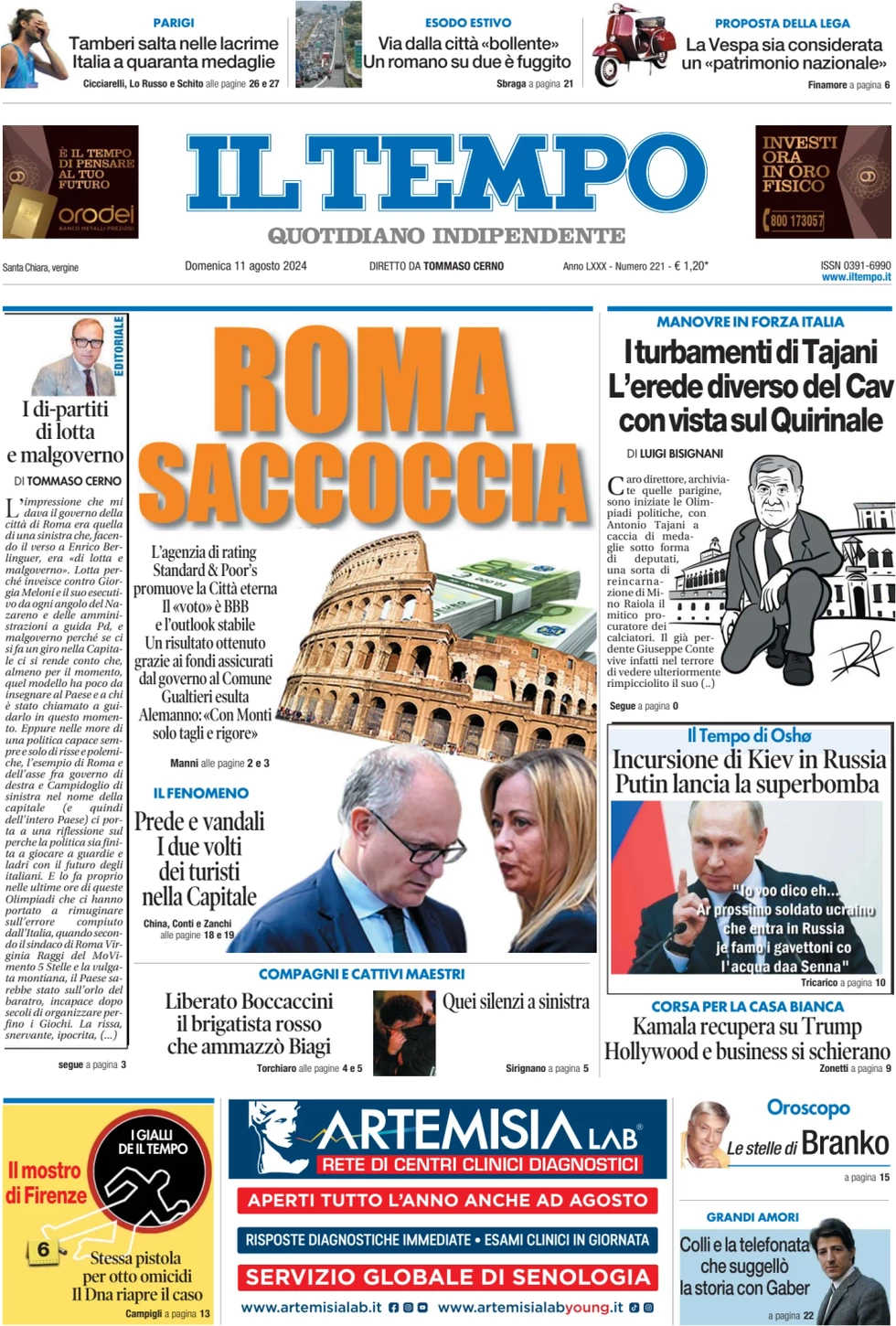 anteprima della prima pagina di il-tempo del 11/08/2024