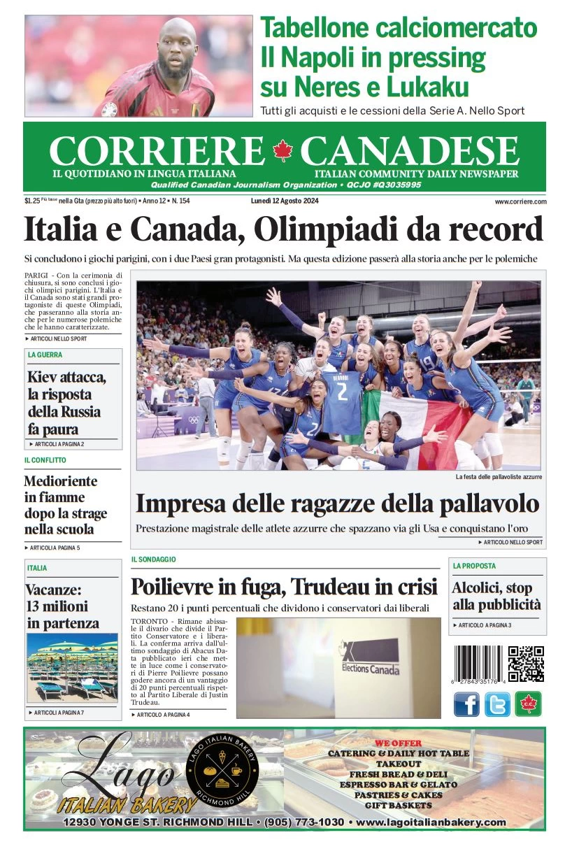 anteprima della prima pagina di corriere-canadese del 12/08/2024