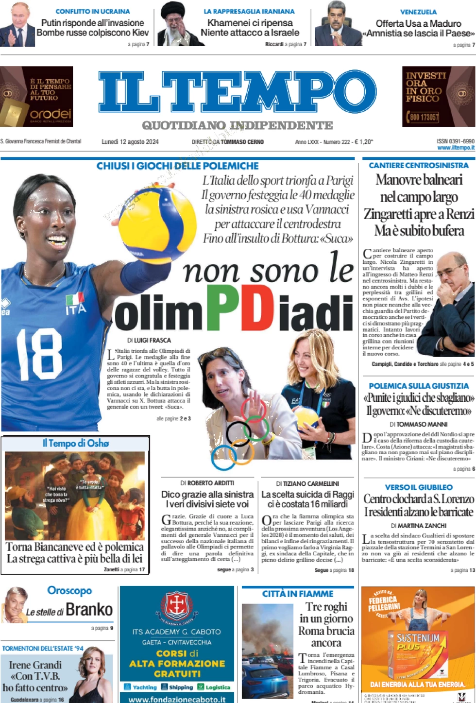 anteprima della prima pagina di il-tempo del 12/08/2024