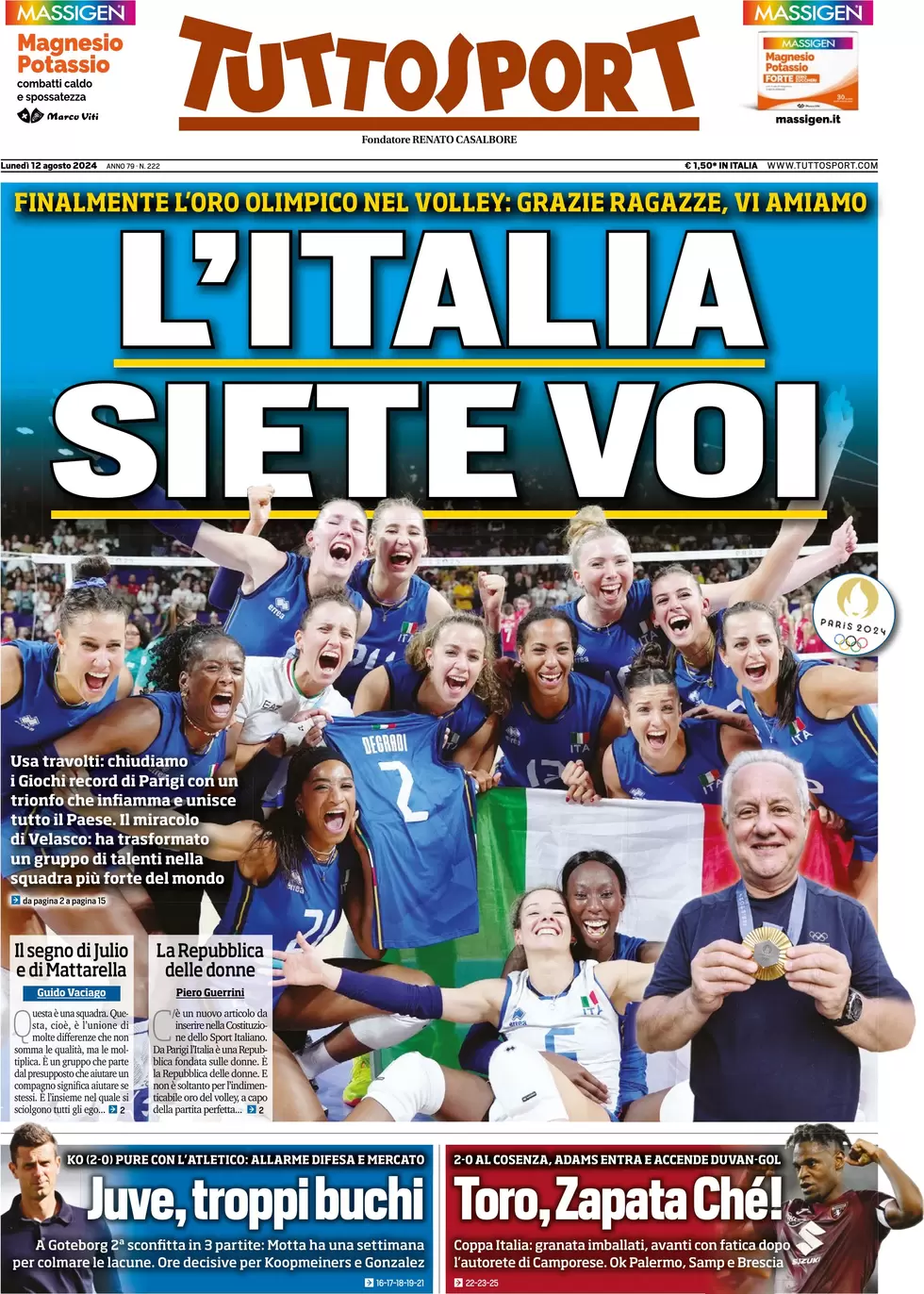 anteprima della prima pagina di tuttosport del 12/08/2024