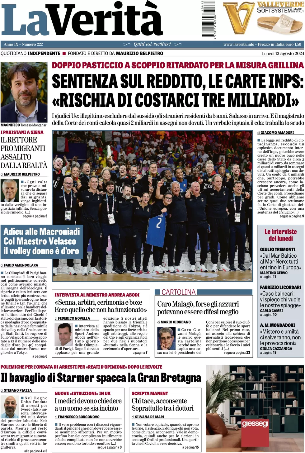 anteprima della prima pagina di la-verit del 12/08/2024