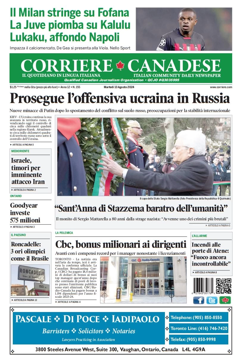 anteprima della prima pagina di corriere-canadese del 13/08/2024