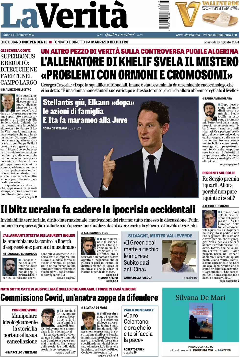 anteprima della prima pagina di la-verit del 13/08/2024