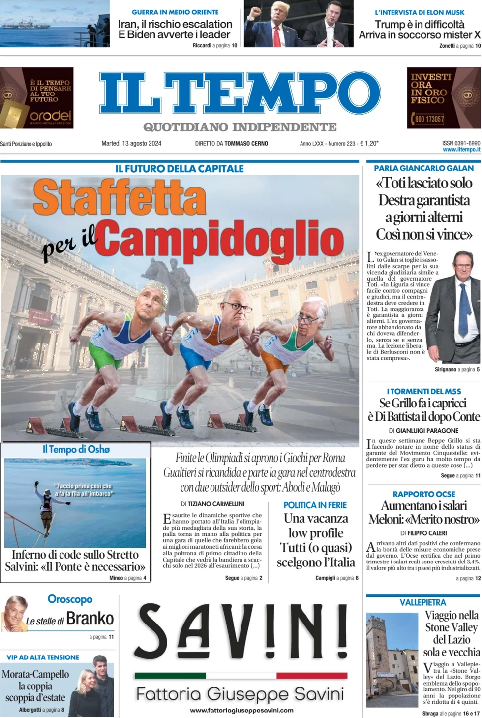 anteprima della prima pagina di il-tempo del 13/08/2024