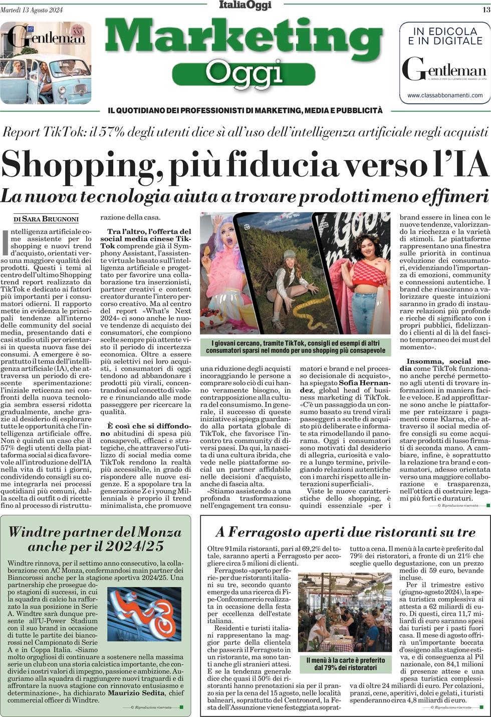 anteprima della prima pagina di marketing-oggi del 13/08/2024