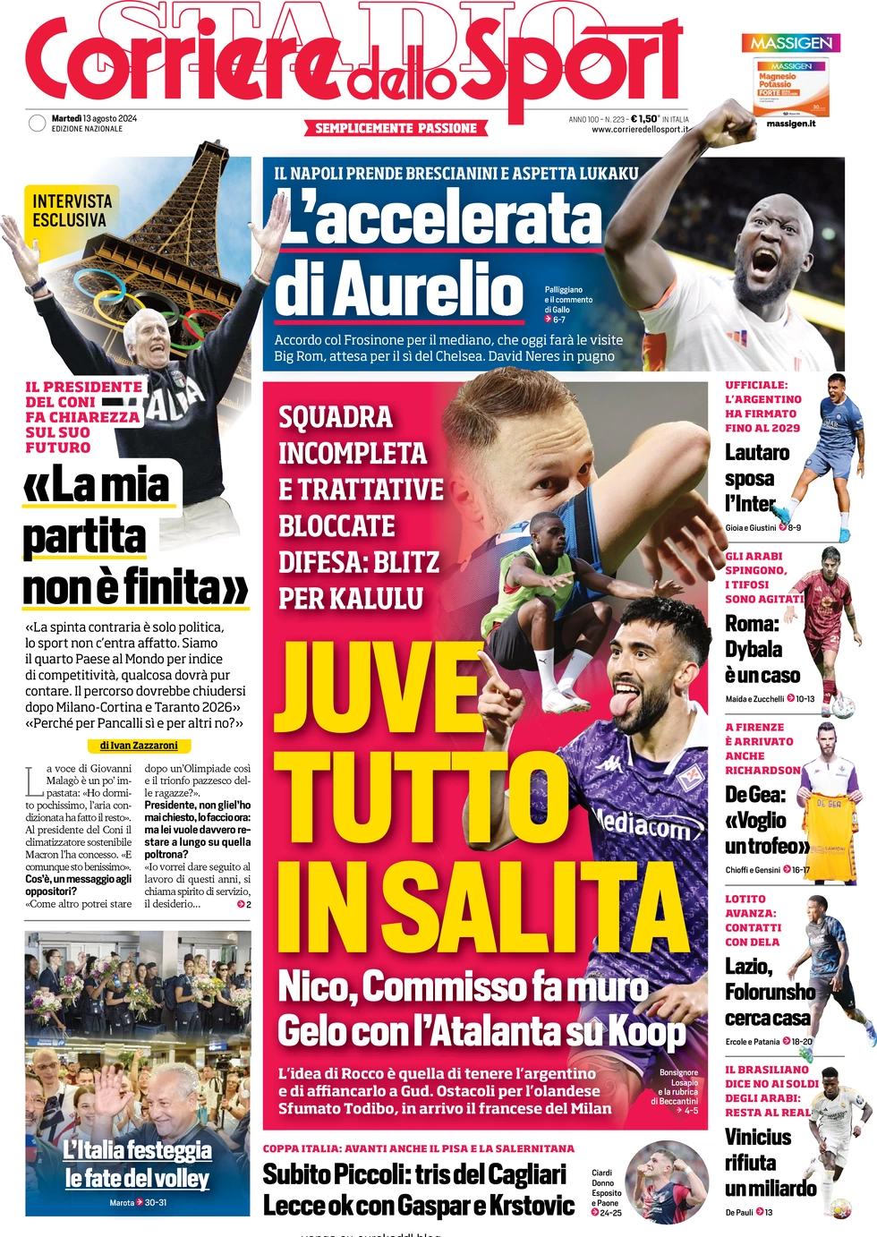 anteprima della prima pagina di corriere-dello-sport del 13/08/2024
