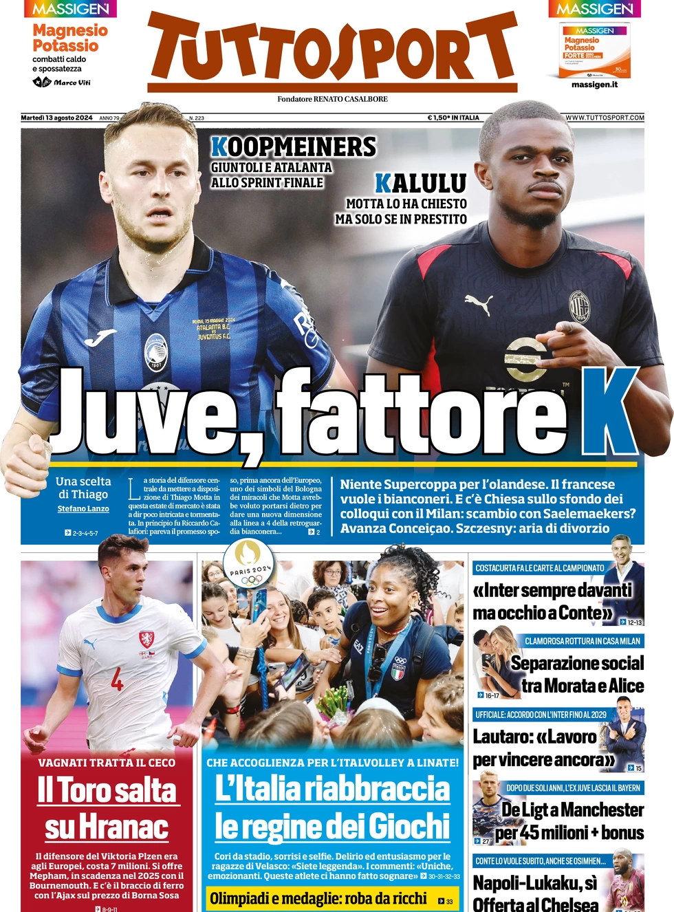 anteprima della prima pagina di tuttosport del 13/08/2024