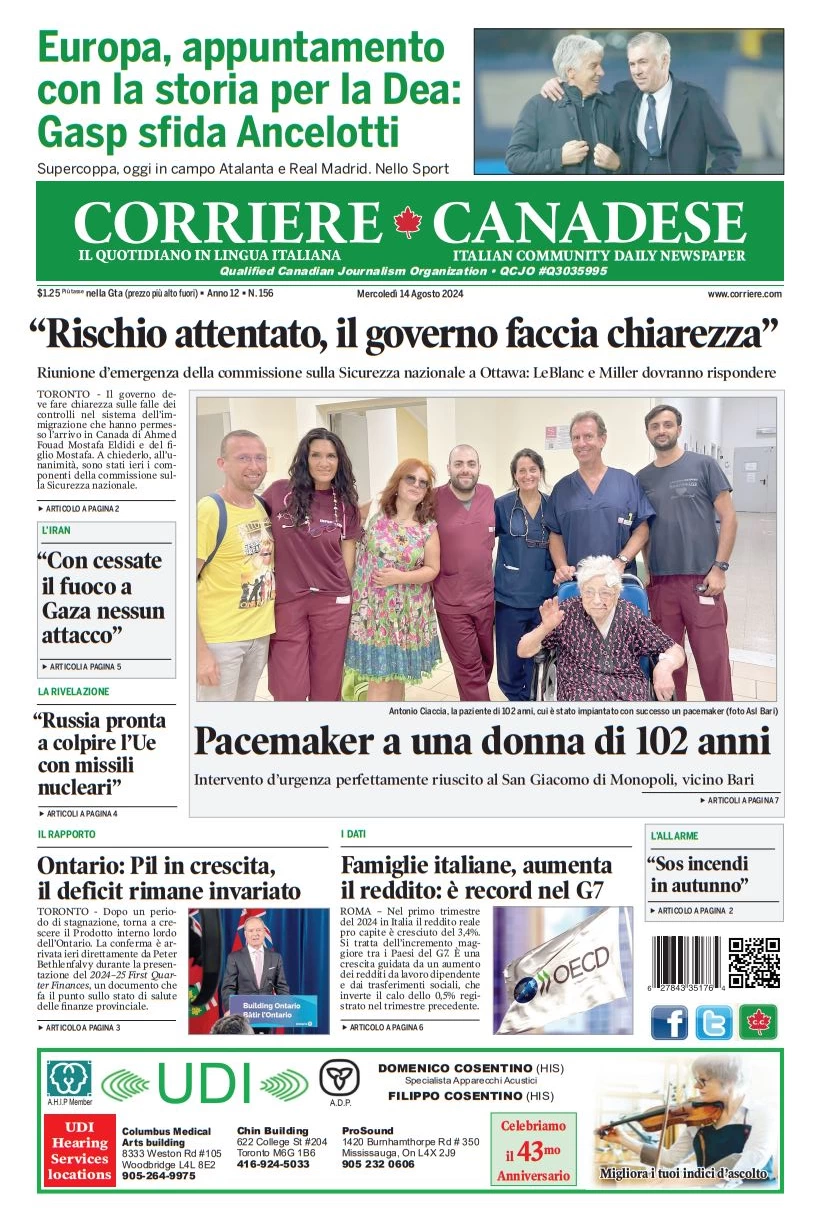 anteprima della prima pagina di corriere-canadese del 14/08/2024