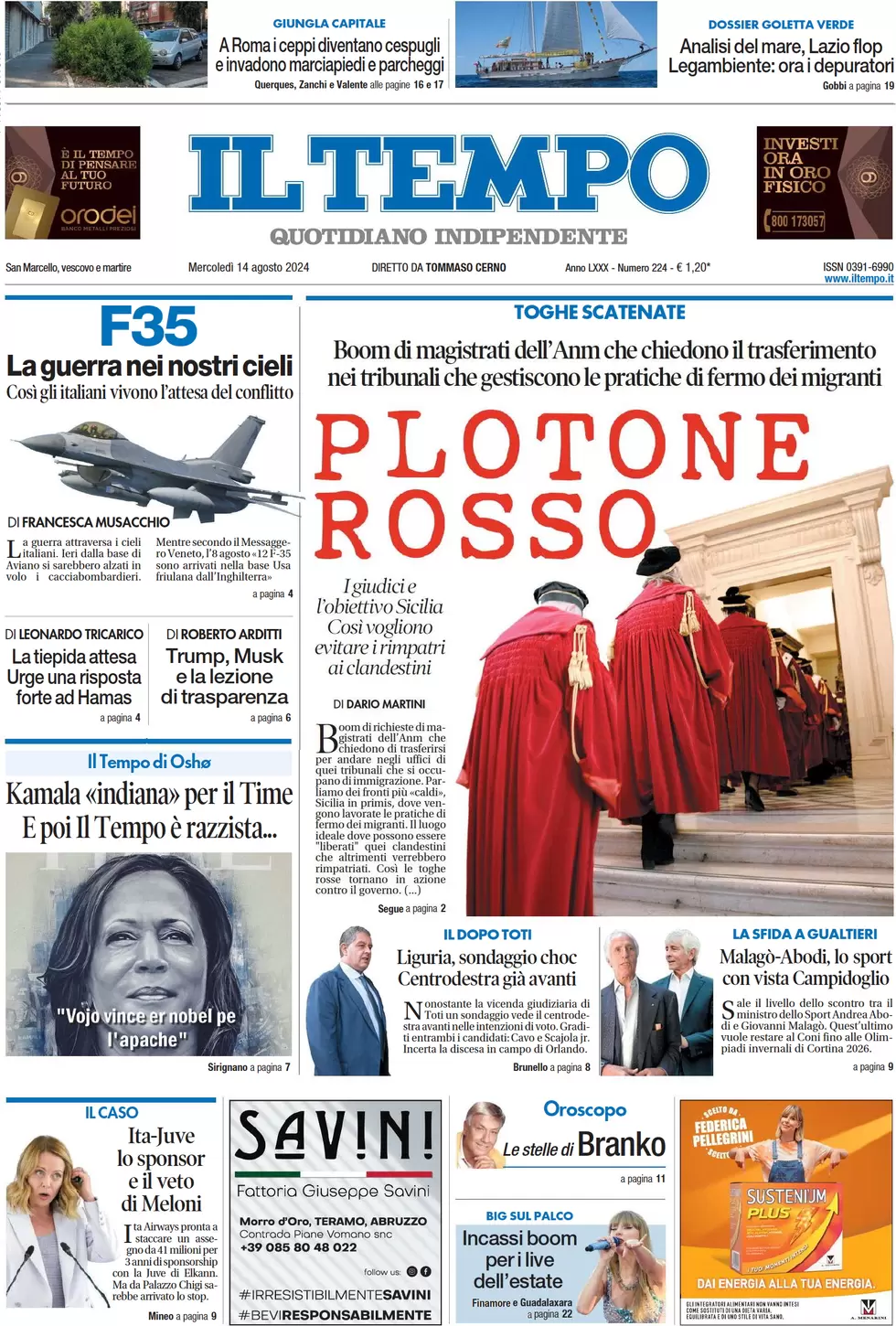 anteprima della prima pagina di il-tempo del 14/08/2024