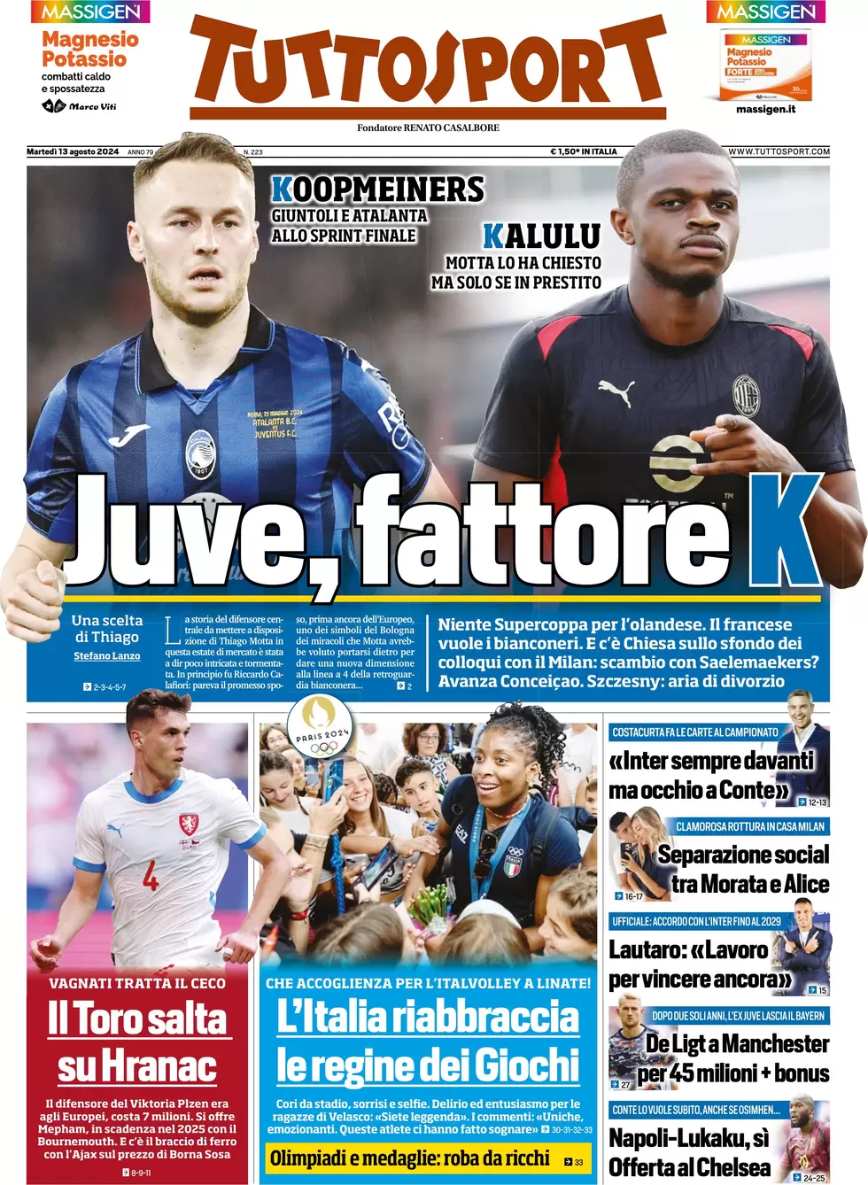 anteprima della prima pagina di tuttosport del 14/08/2024
