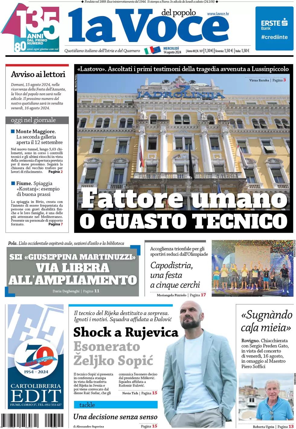 anteprima della prima pagina di la-voce-del-popolo del 14/08/2024