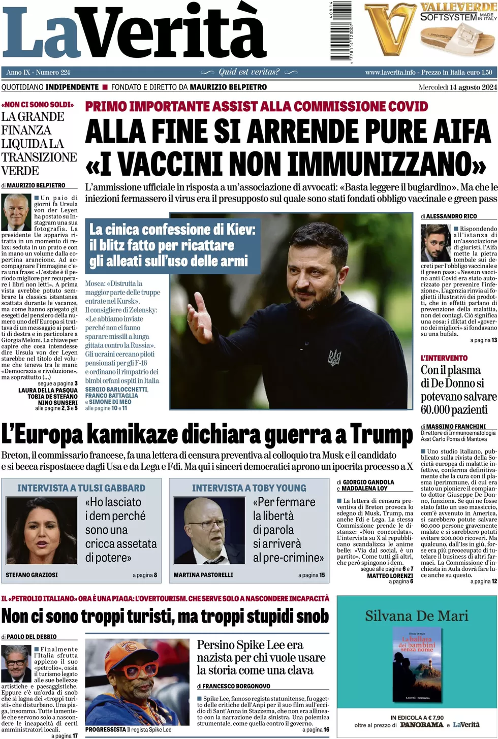 anteprima della prima pagina di la-verit del 14/08/2024