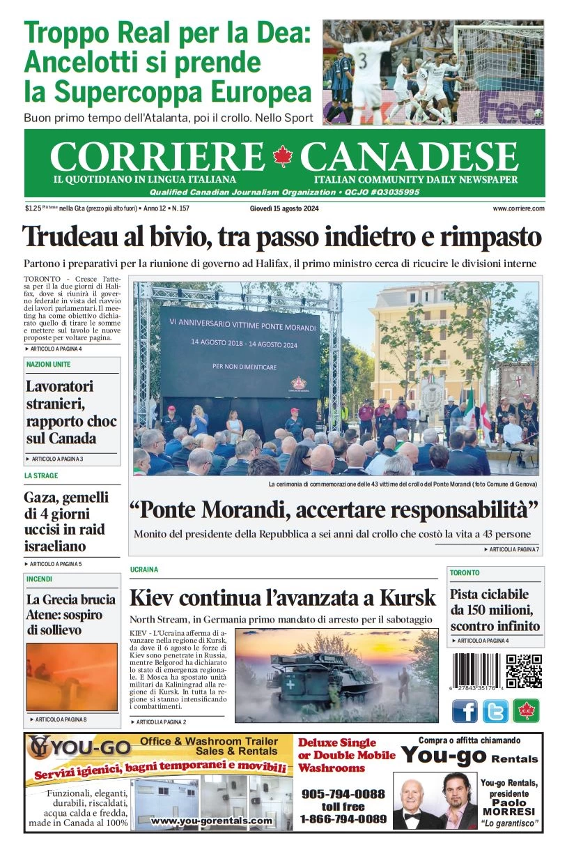 anteprima della prima pagina di corriere-canadese del 15/08/2024