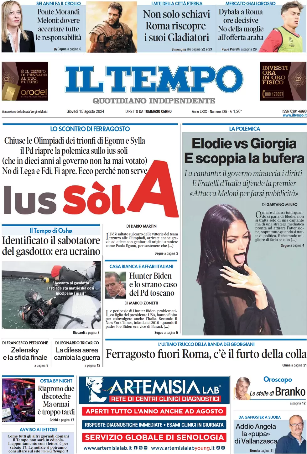 anteprima della prima pagina di il-tempo del 15/08/2024