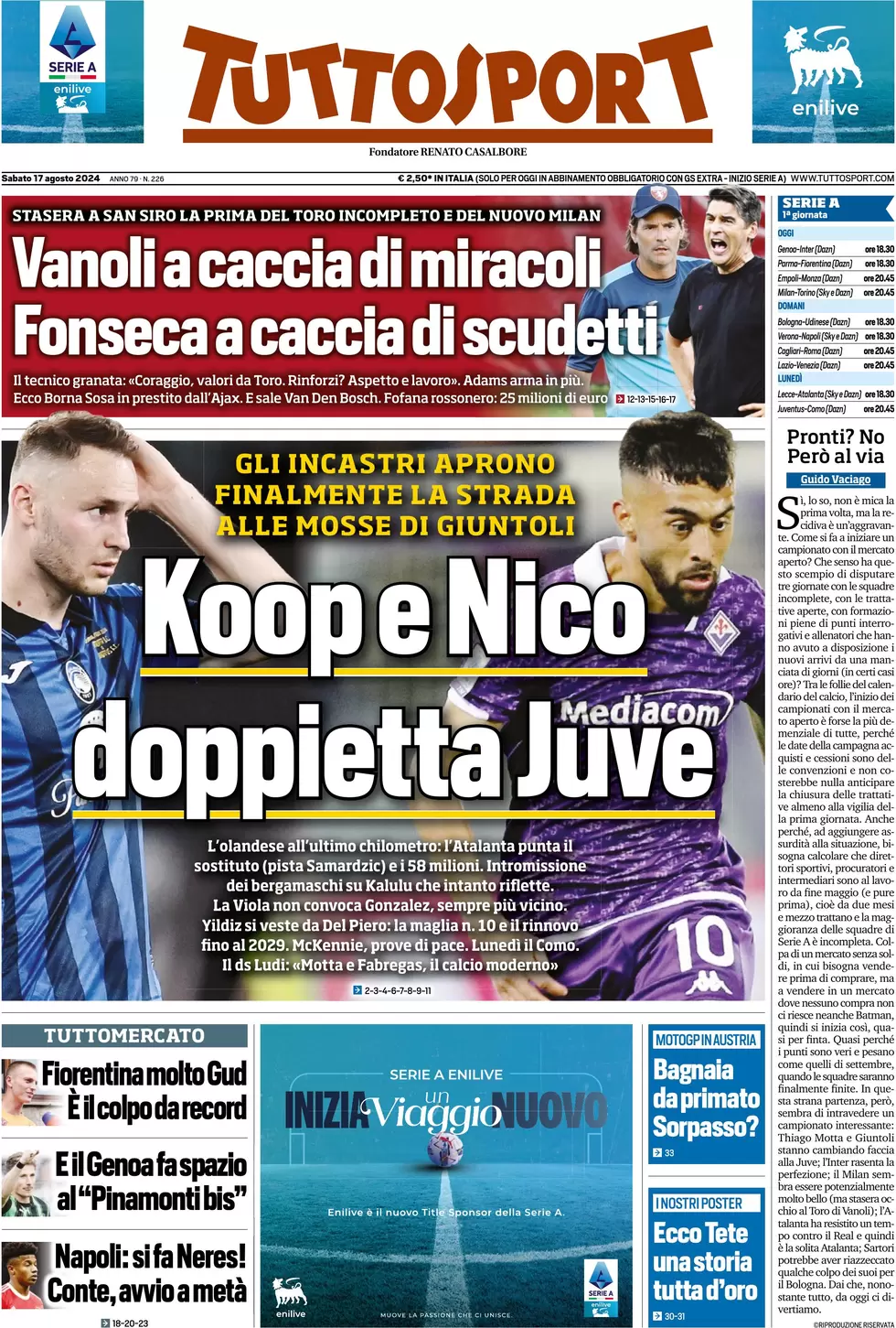 anteprima della prima pagina di tuttosport del 17/08/2024