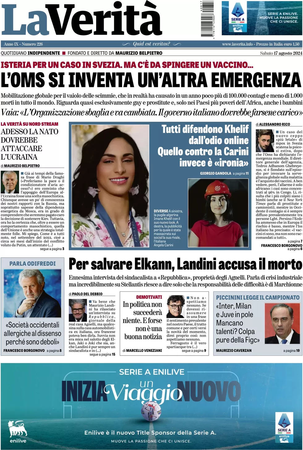 anteprima della prima pagina di la-verit del 17/08/2024